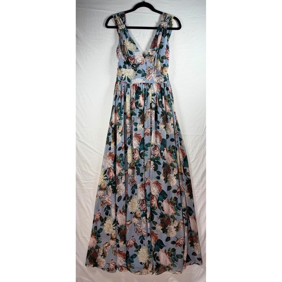 Floral V-Neck Maxi Dress Sleeveless Crystal Brooch Dusty Blue Formal NWT sz 4 - Picture 2 of 16